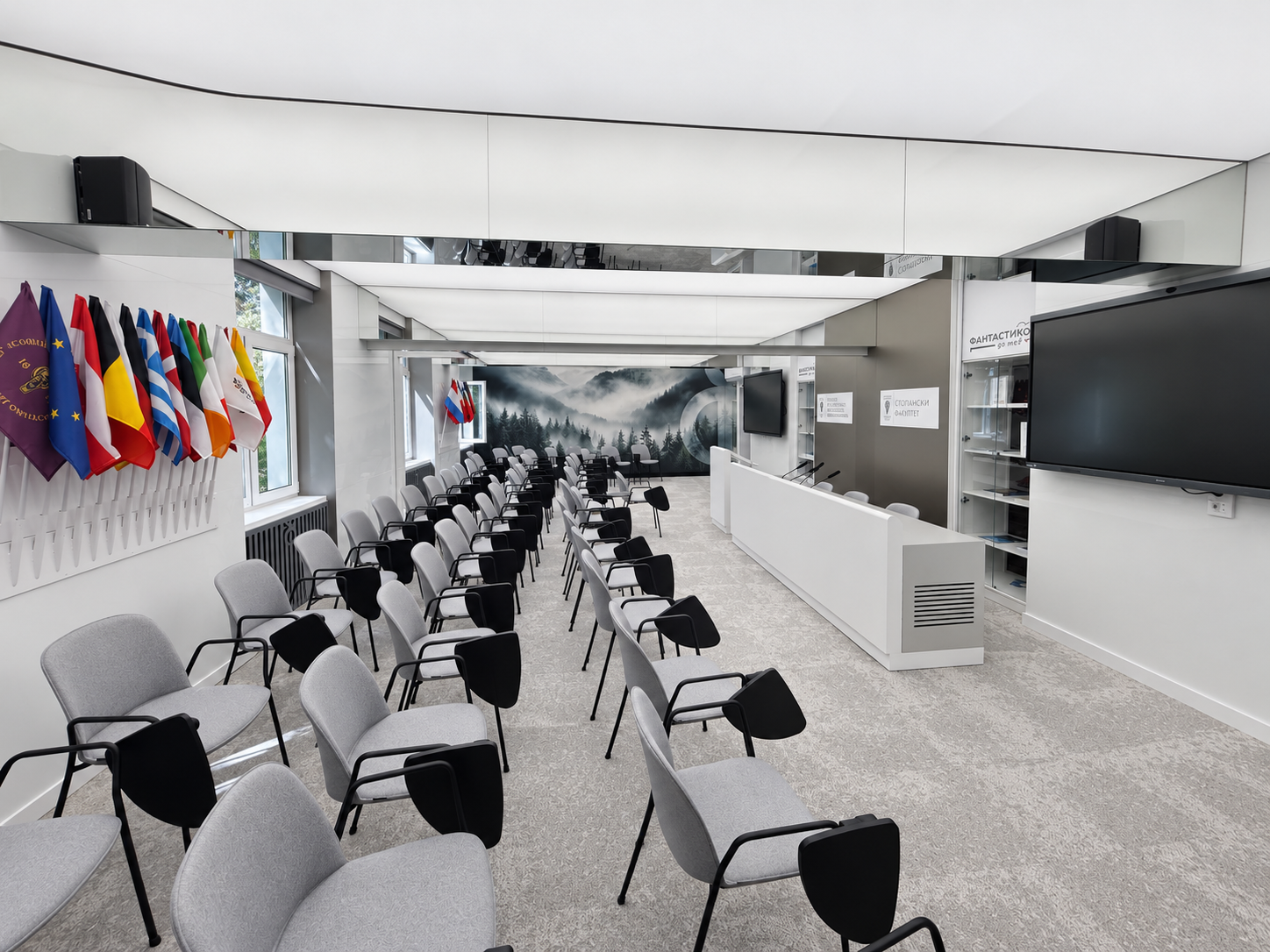 Modern Conference Room with Flags and Forest Mural