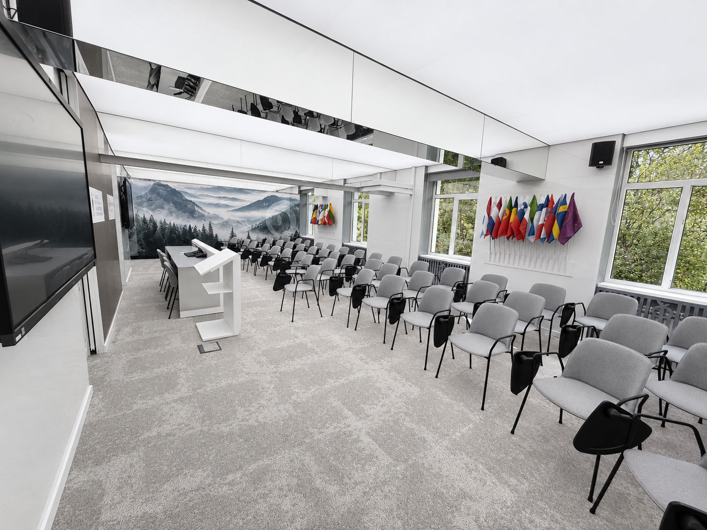 Modern Lecture Hall with Mountain Mural