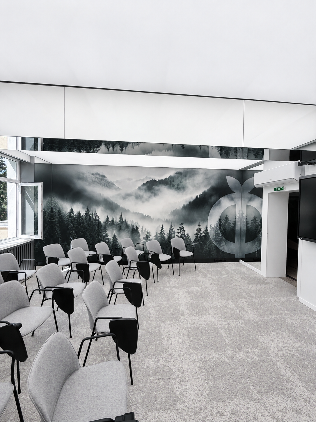 Modern Lecture Room with Forest Mural